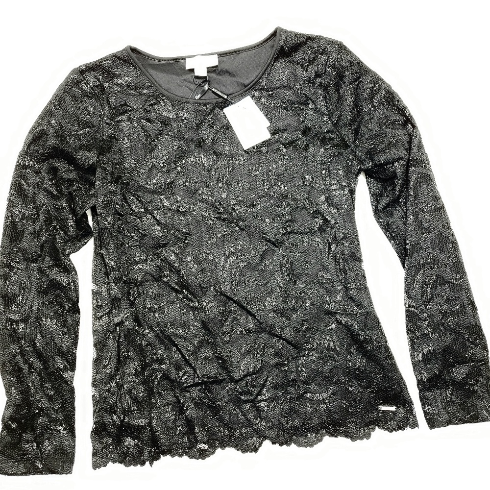 Calvin Klein Womens Black Metallic Lace Pull Over